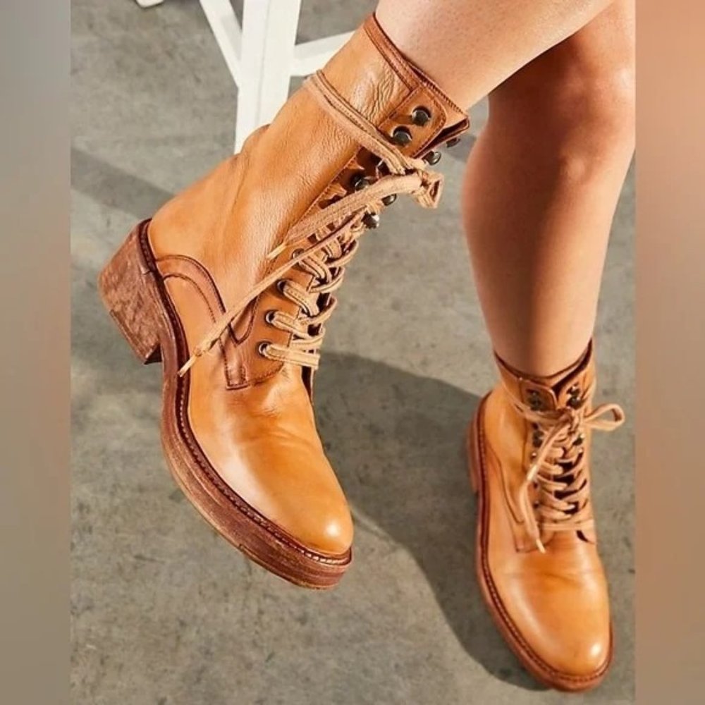 Free People Brown Leather Santa Fe Lace up Front Back Zipper Boot Boho Size 8.5